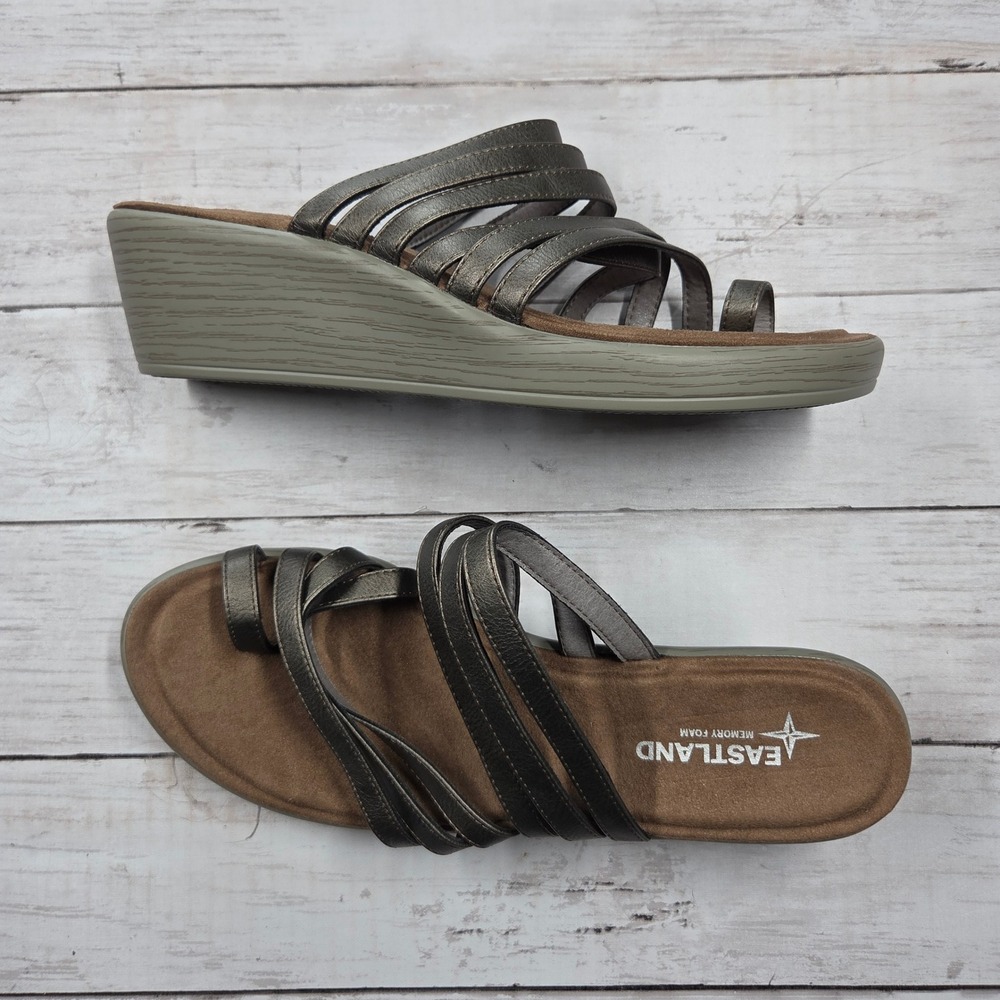 Eastland Wedge Sandals Women 10W Pewter Florence Strappy Metallic Memory Foam